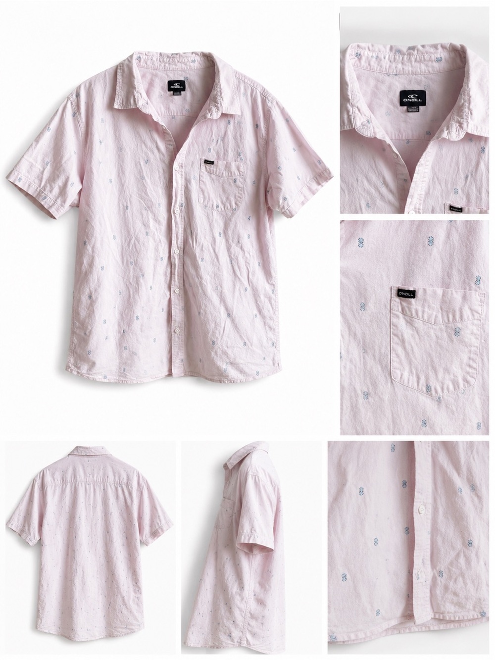 O'Neill Men's Pale Pink Short-Sleeve Button-Up Shirt with Subtle Blue Print
